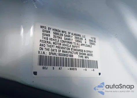 2003 Honda Odyssey Ex-L z USA, uszkodzony, nr VIN 5FNRL18033B031659